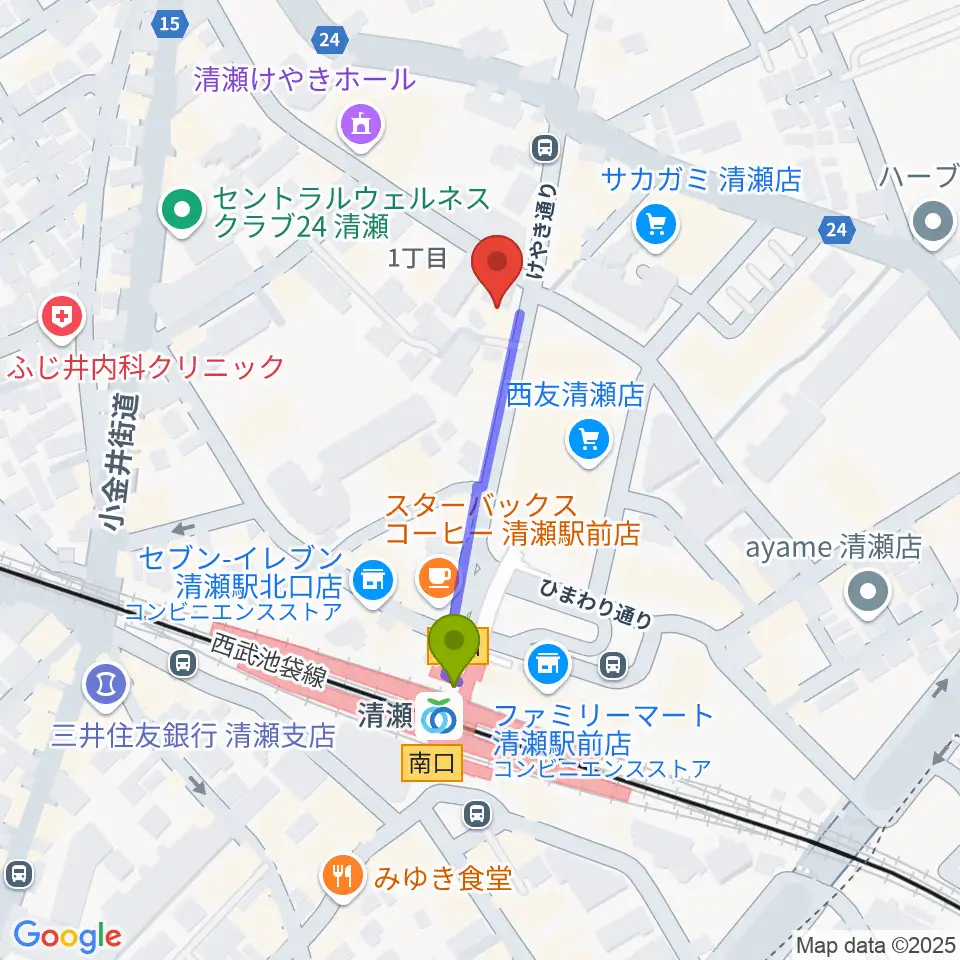 宮地楽器 清瀬センターの最寄駅清瀬駅からの徒歩ルート（約3分）地図