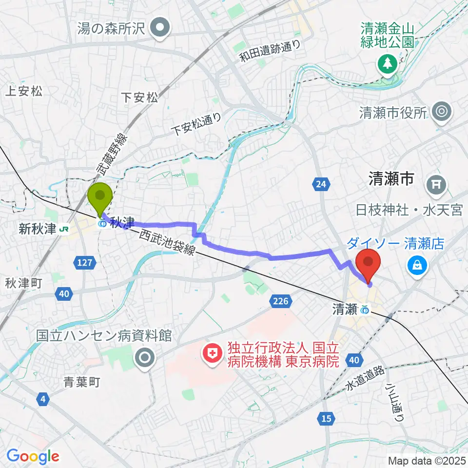 秋津駅から宮地楽器 清瀬センターへのルートマップ地図