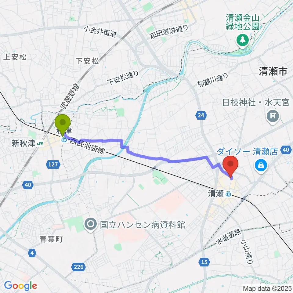 秋津駅から宮地楽器 清瀬センターへのルートマップ地図
