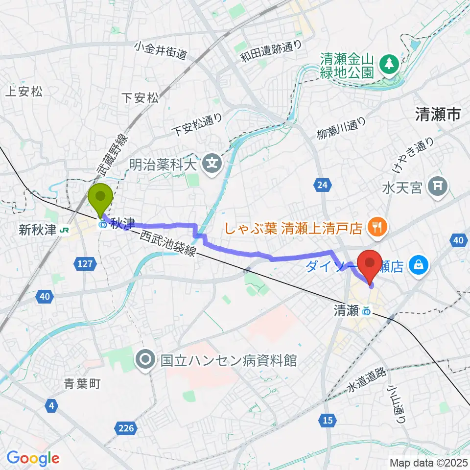 秋津駅から宮地楽器 清瀬センターへのルートマップ地図