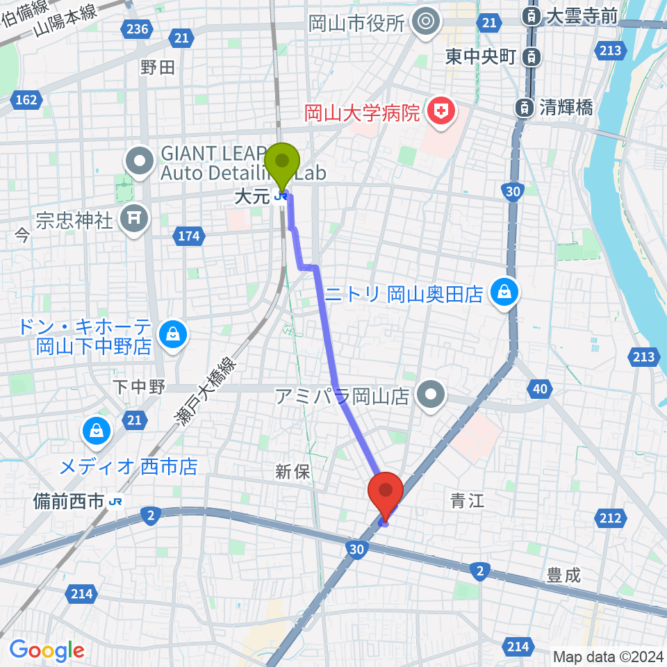 大元駅からスタジオクレセントへのルートマップ地図