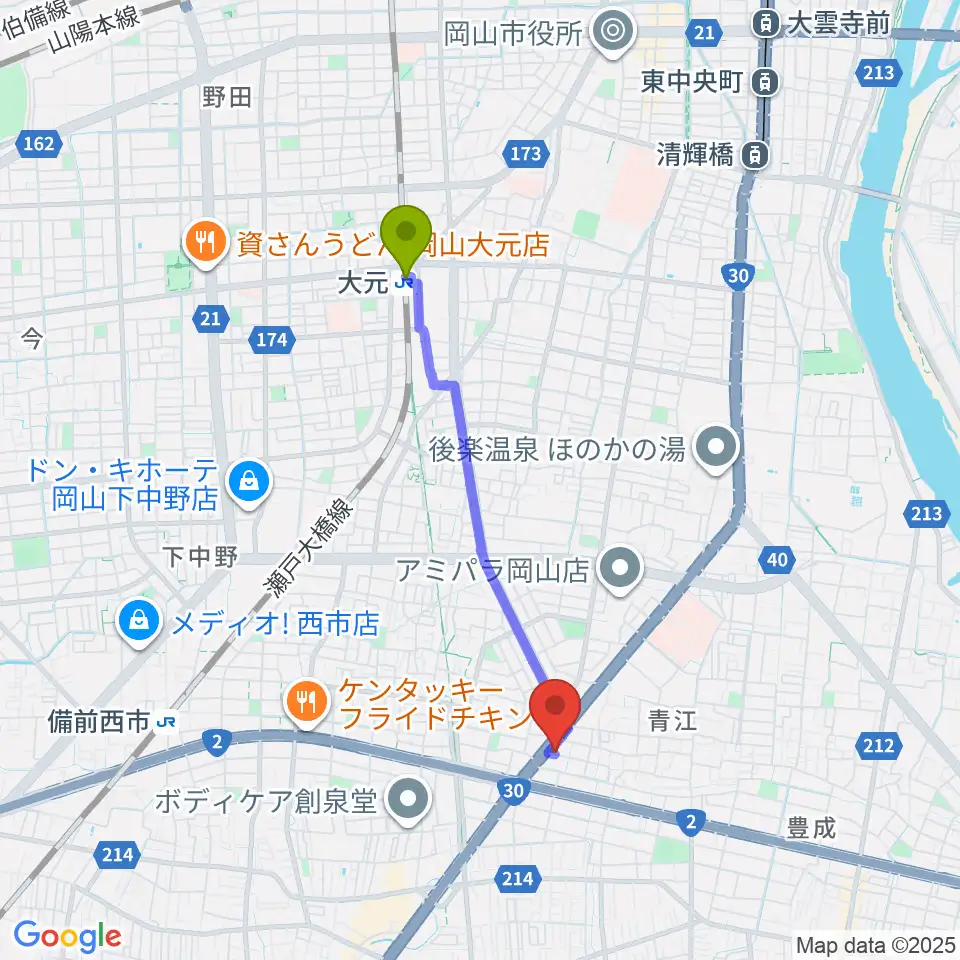 大元駅からスタジオクレセントへのルートマップ地図