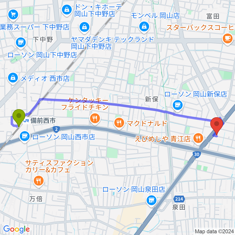 スタジオクレセントの最寄駅備前西市駅からの徒歩ルート（約27分）地図