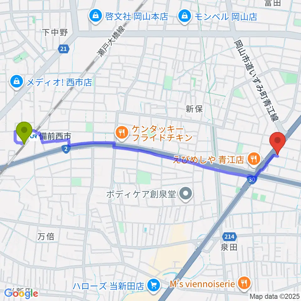 スタジオクレセントの最寄駅備前西市駅からの徒歩ルート（約27分）地図