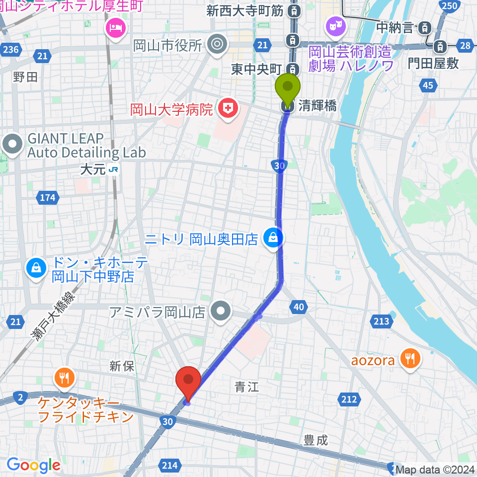 清輝橋駅からスタジオクレセントへのルートマップ地図