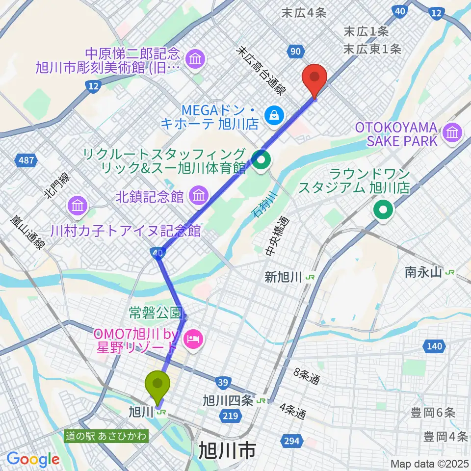 旭川駅からスタジオホッパーへのルートマップ地図
