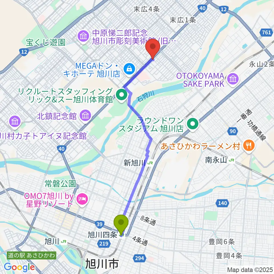 旭川四条駅からスタジオホッパーへのルートマップ地図