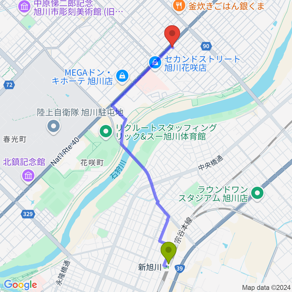 スタジオホッパーの最寄駅新旭川駅からの徒歩ルート（約41分）地図