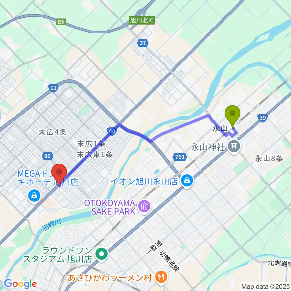 永山駅からスタジオホッパーへのルートマップ地図