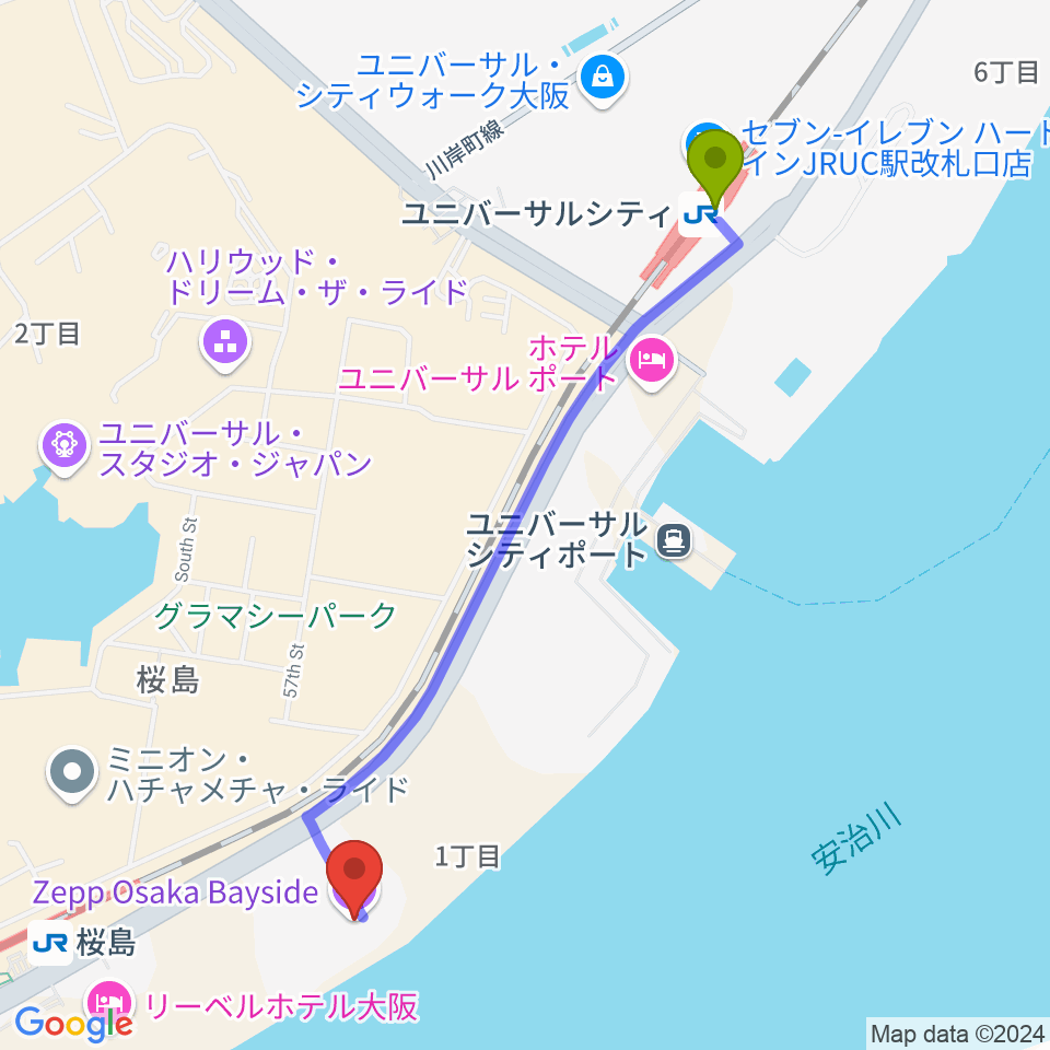 ユニバーサルシティ駅からZepp大阪ベイサイドへのルートマップ地図