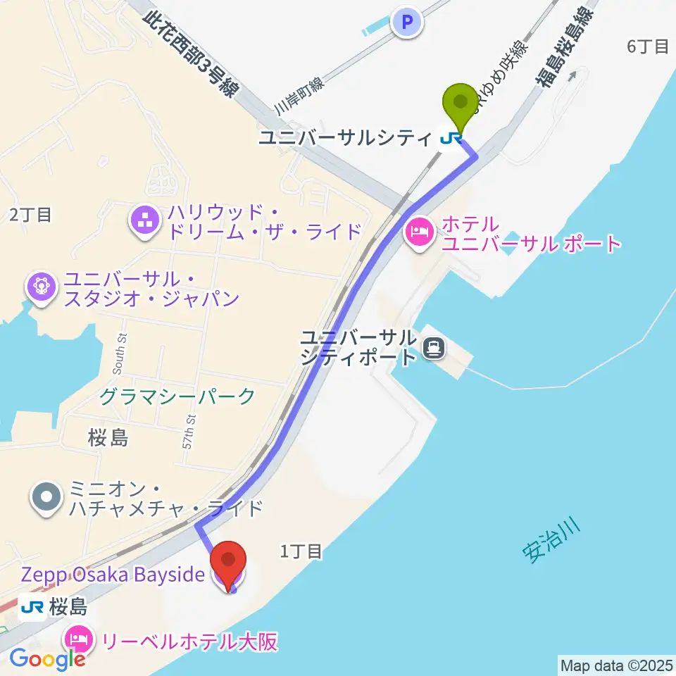 ユニバーサルシティ駅からZepp大阪ベイサイドへのルートマップ地図
