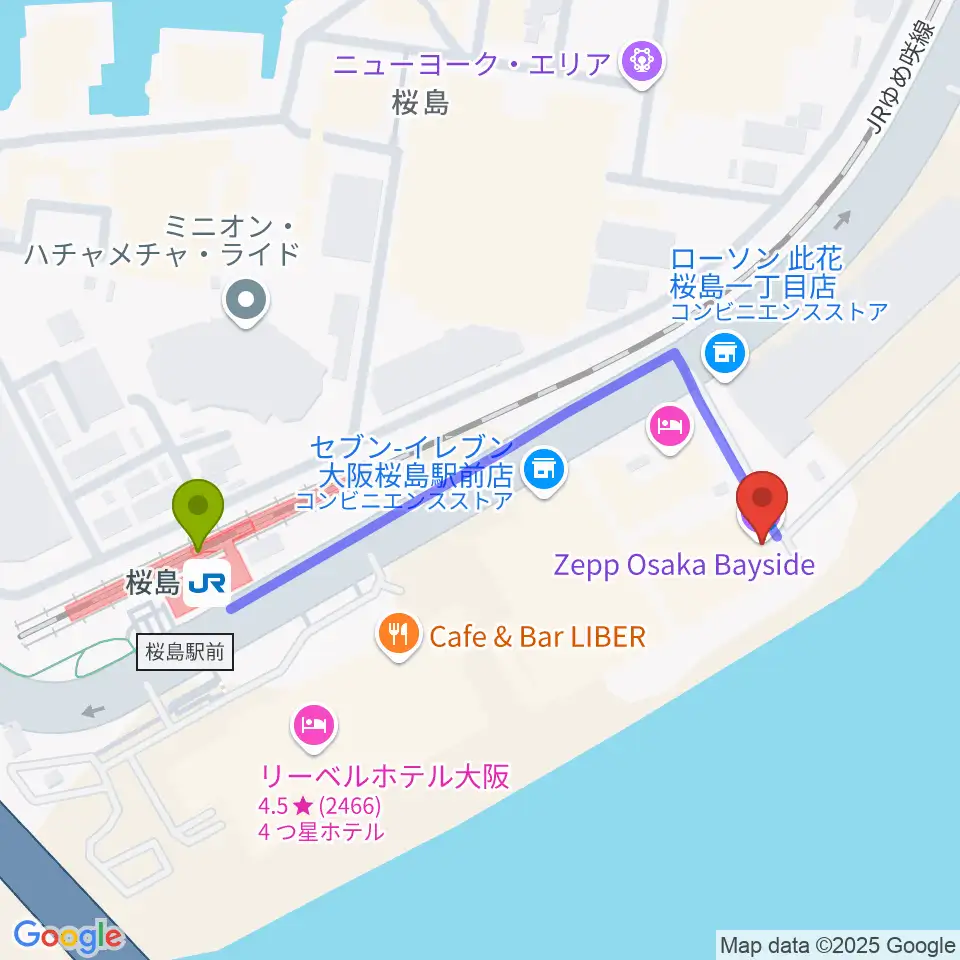 Zepp大阪ベイサイドの最寄駅桜島駅からの徒歩ルート（約5分）地図