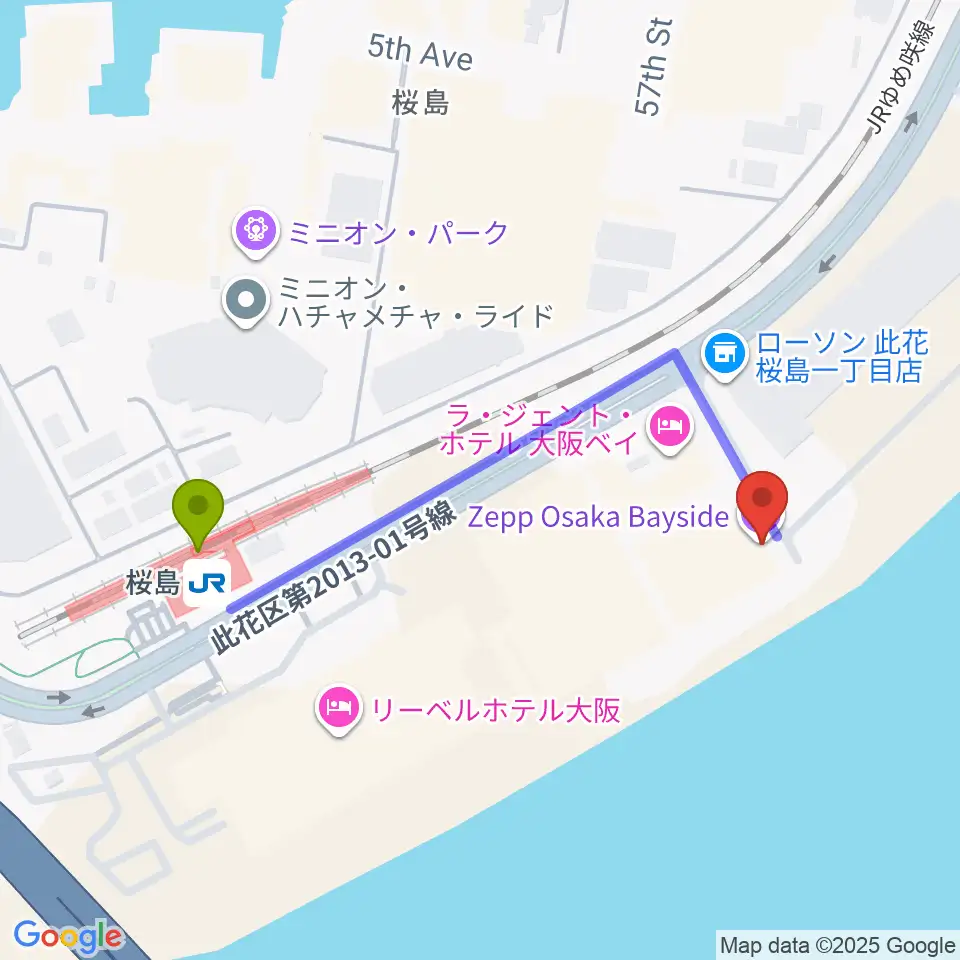 Zepp大阪ベイサイドの最寄駅桜島駅からの徒歩ルート（約5分）地図