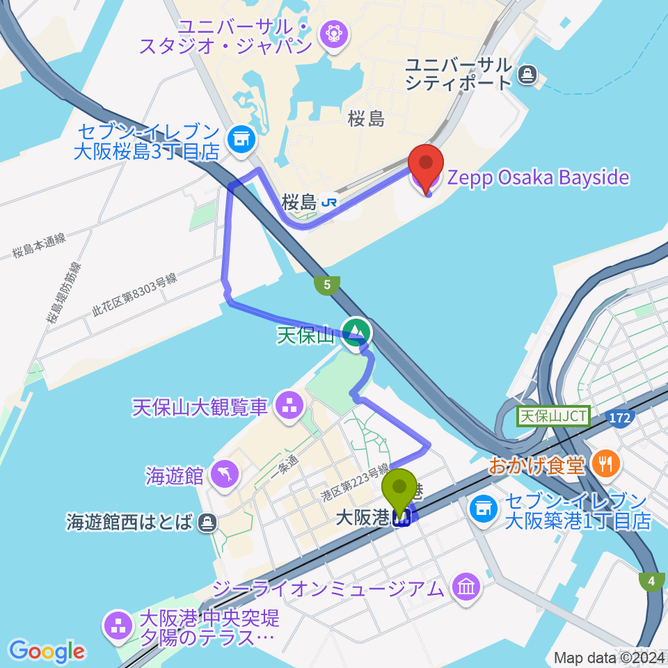 大阪港駅からZepp大阪ベイサイドへのルートマップ地図