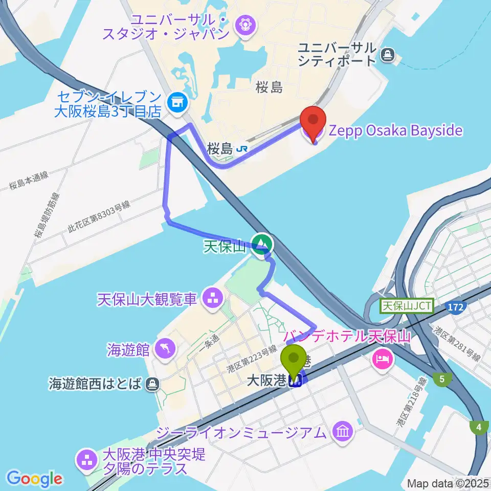 大阪港駅からZepp大阪ベイサイドへのルートマップ地図