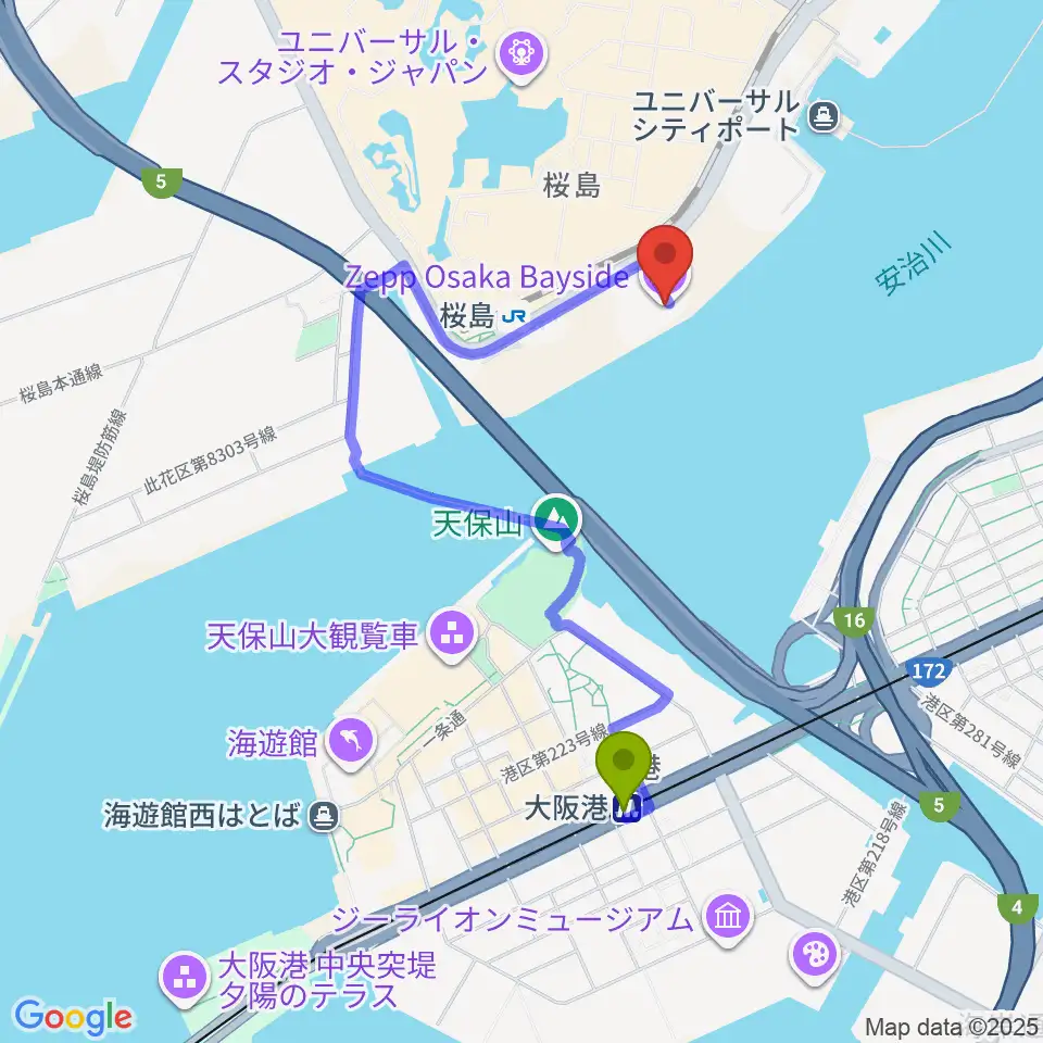 大阪港駅からZepp大阪ベイサイドへのルートマップ地図