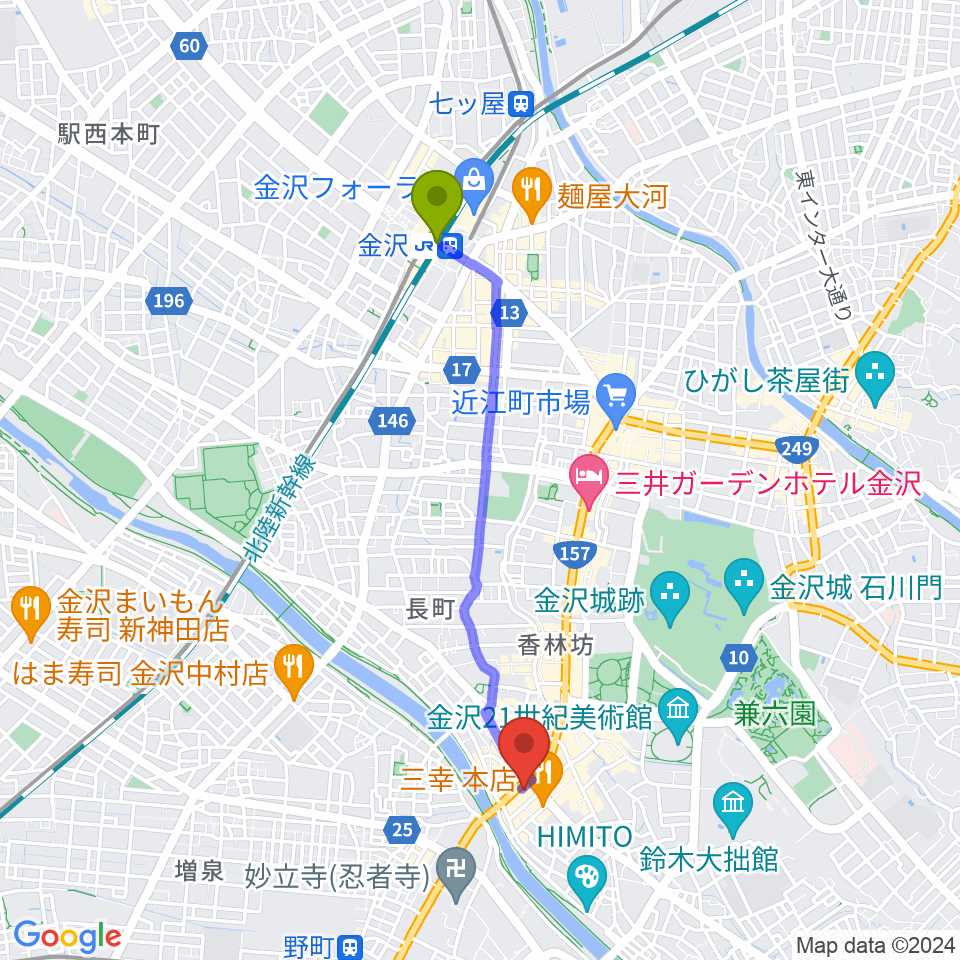 金沢駅から金沢エイトホールへのルートマップ地図