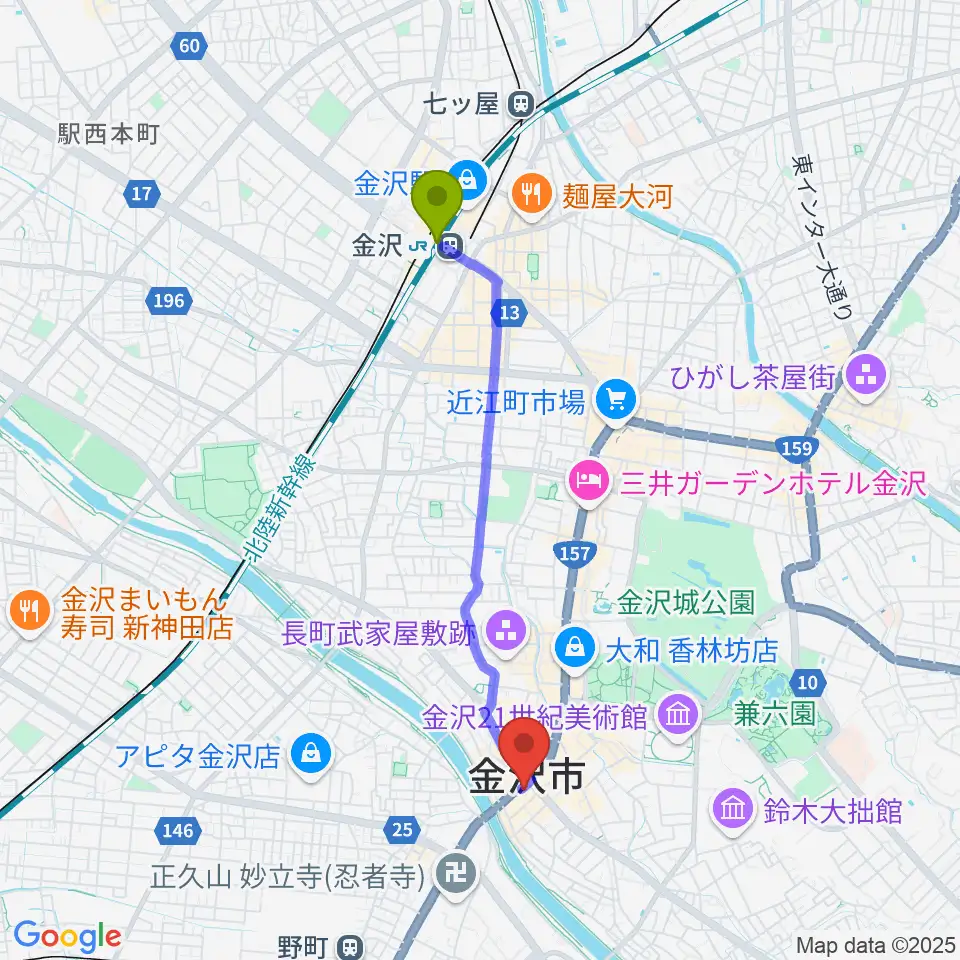 金沢駅から金沢エイトホールへのルートマップ地図