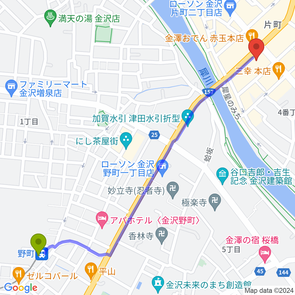 金沢エイトホールの最寄駅野町駅からの徒歩ルート（約15分）地図