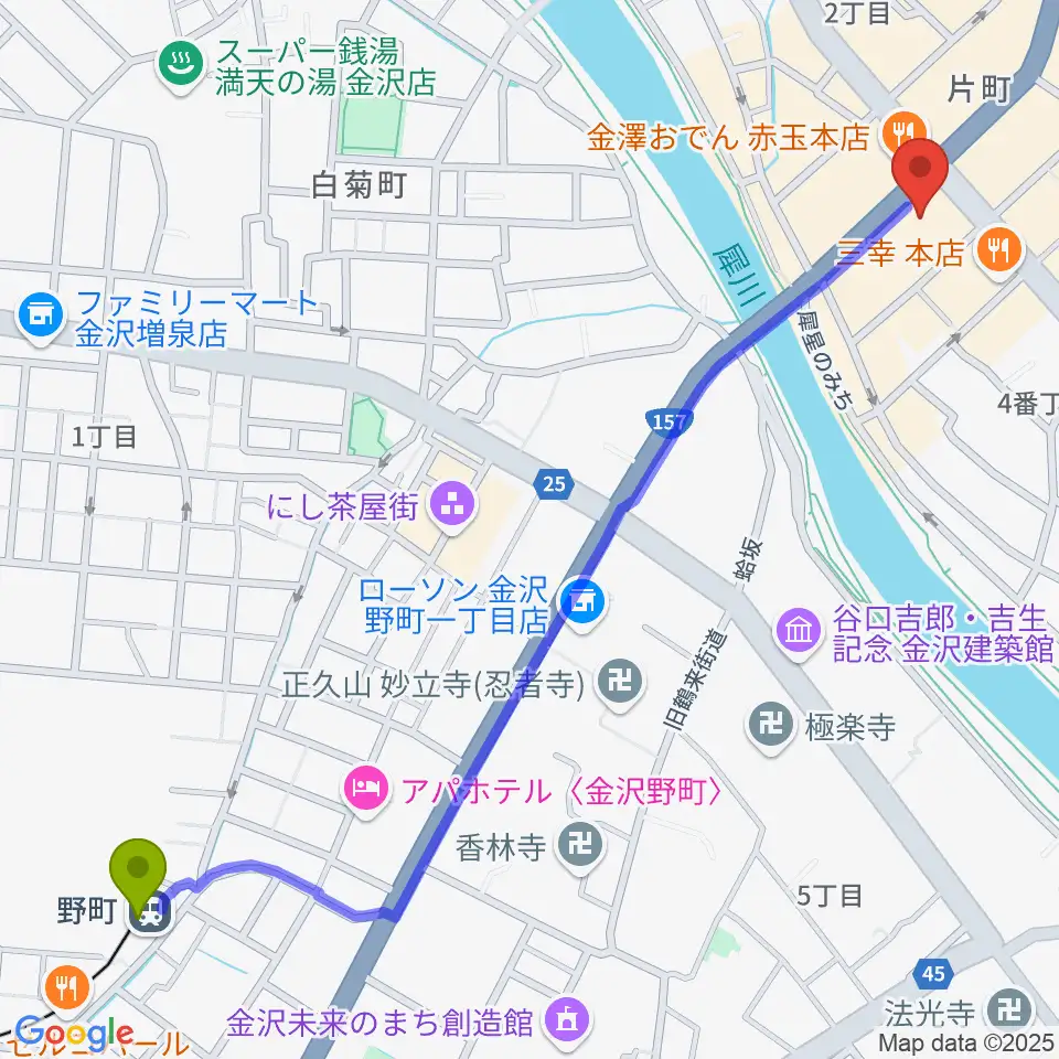 金沢エイトホールの最寄駅野町駅からの徒歩ルート（約15分）地図