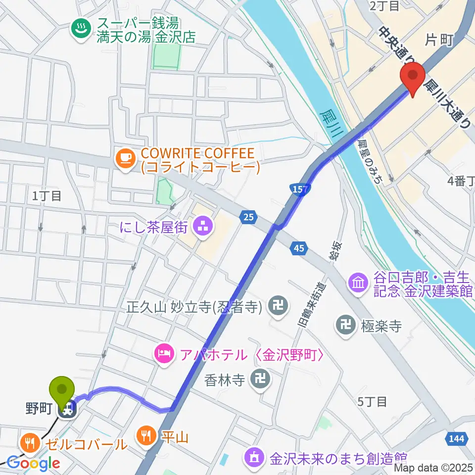 金沢エイトホールの最寄駅野町駅からの徒歩ルート（約15分）地図