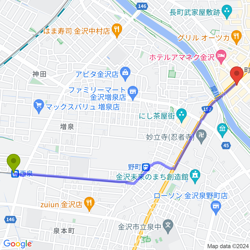 西泉駅から金沢エイトホールへのルートマップ地図