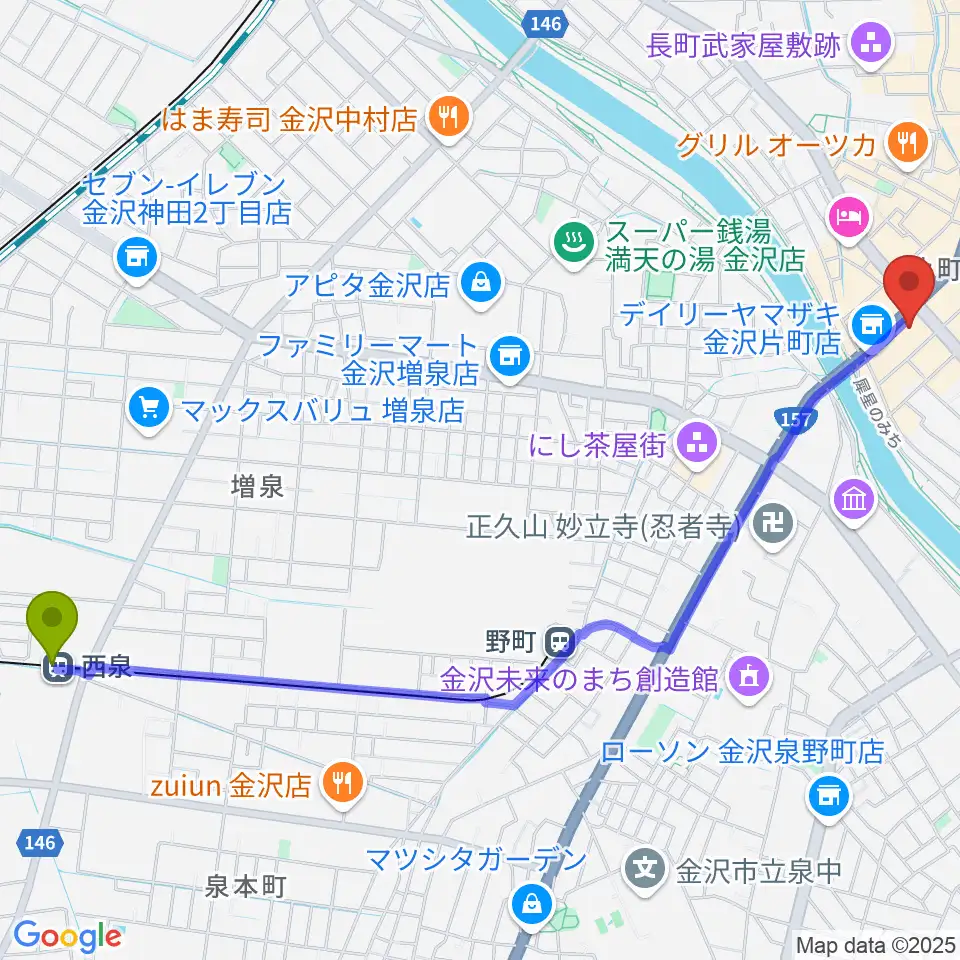 西泉駅から金沢エイトホールへのルートマップ地図