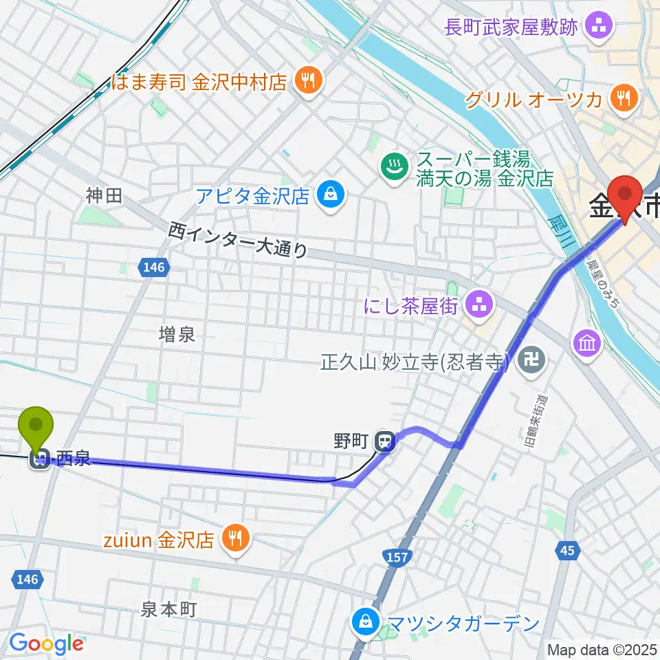 西泉駅から金沢エイトホールへのルートマップ地図