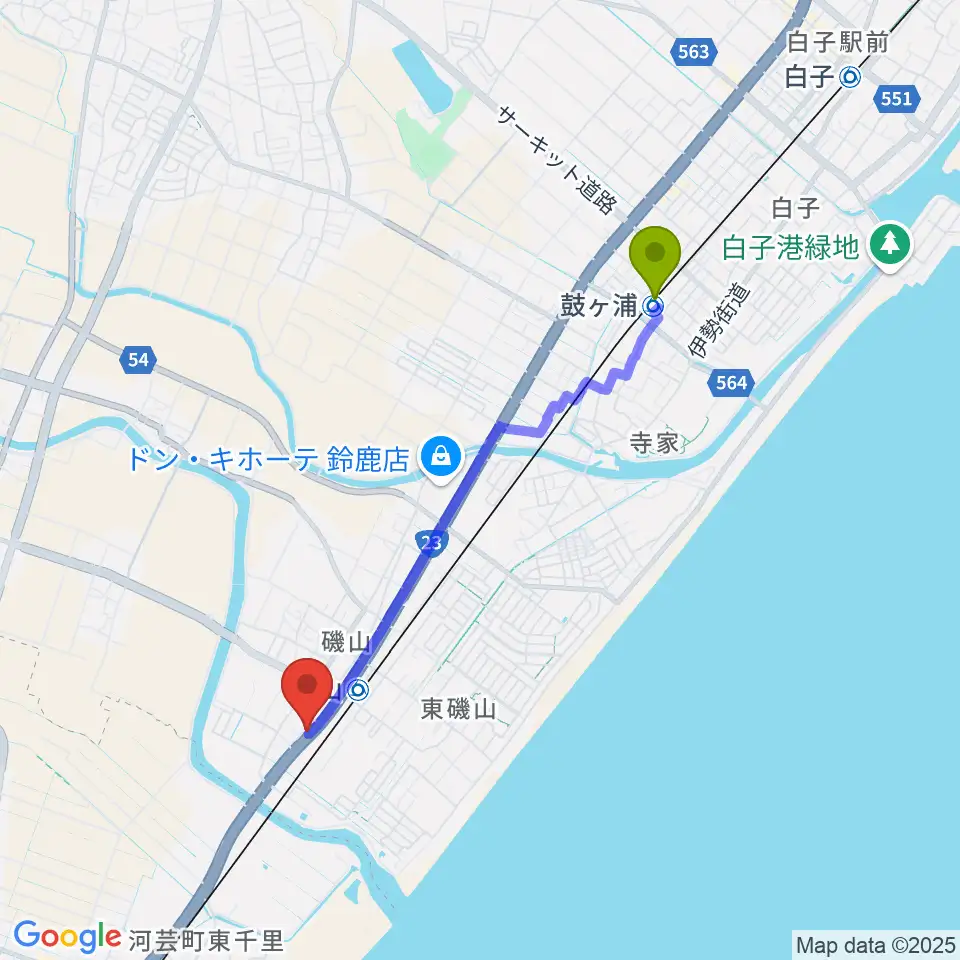 鼓ヶ浦駅から鈴鹿SOUNDSTAGEへのルートマップ地図