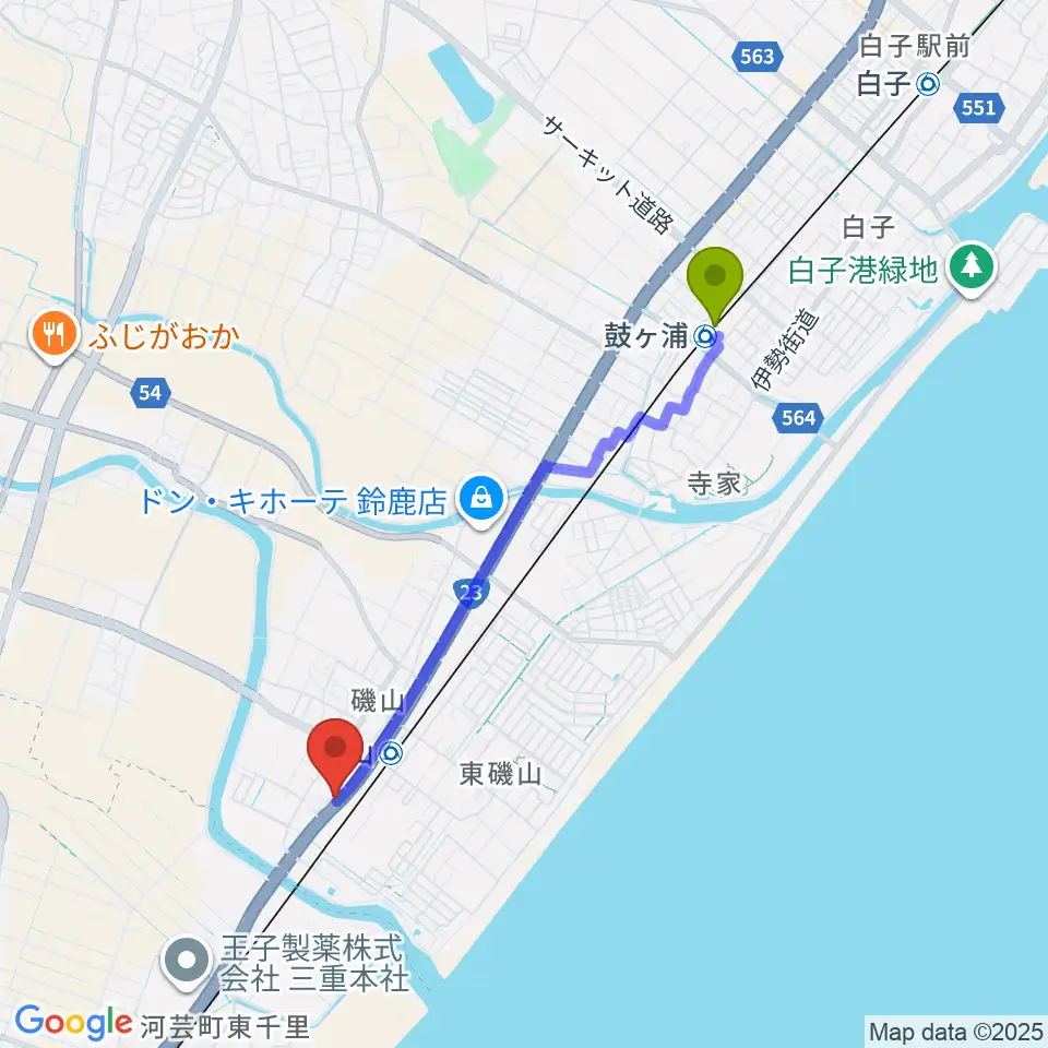 鼓ヶ浦駅から鈴鹿SOUNDSTAGEへのルートマップ地図