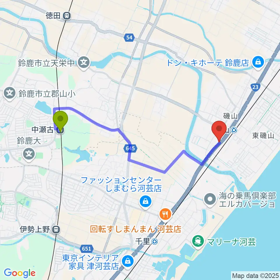 中瀬古駅から鈴鹿SOUNDSTAGEへのルートマップ地図