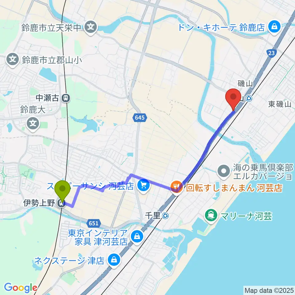 伊勢上野駅から鈴鹿SOUNDSTAGEへのルートマップ地図