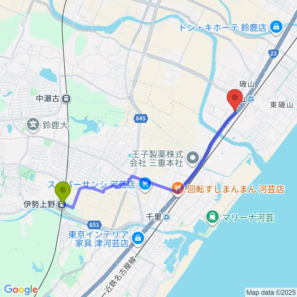 伊勢上野駅から鈴鹿SOUNDSTAGEへのルートマップ地図