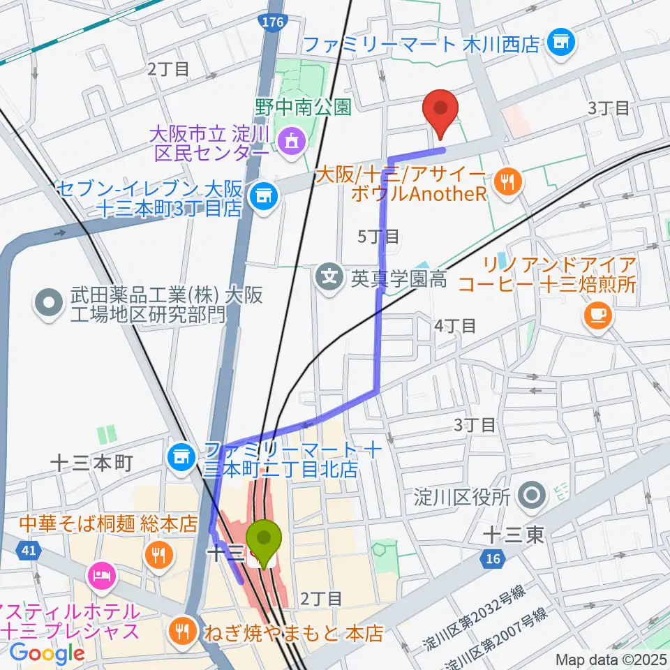 Licca ピアノ教室の最寄駅十三駅からの徒歩ルート（約11分）地図