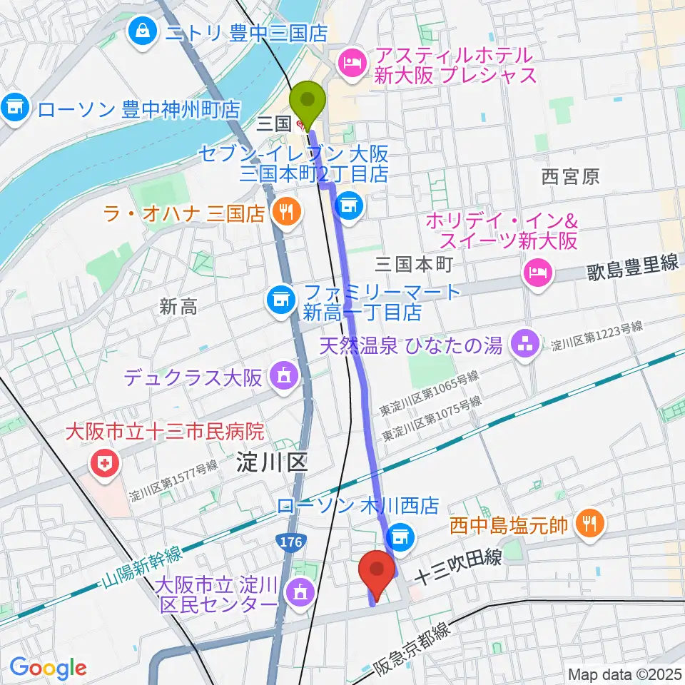 三国駅からLicca ピアノ教室へのルートマップ地図