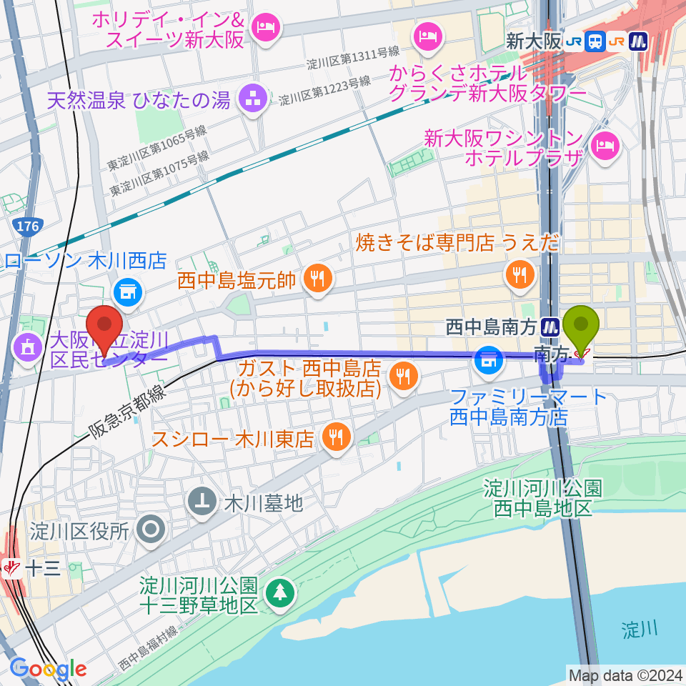 南方駅からLicca ピアノ教室へのルートマップ地図