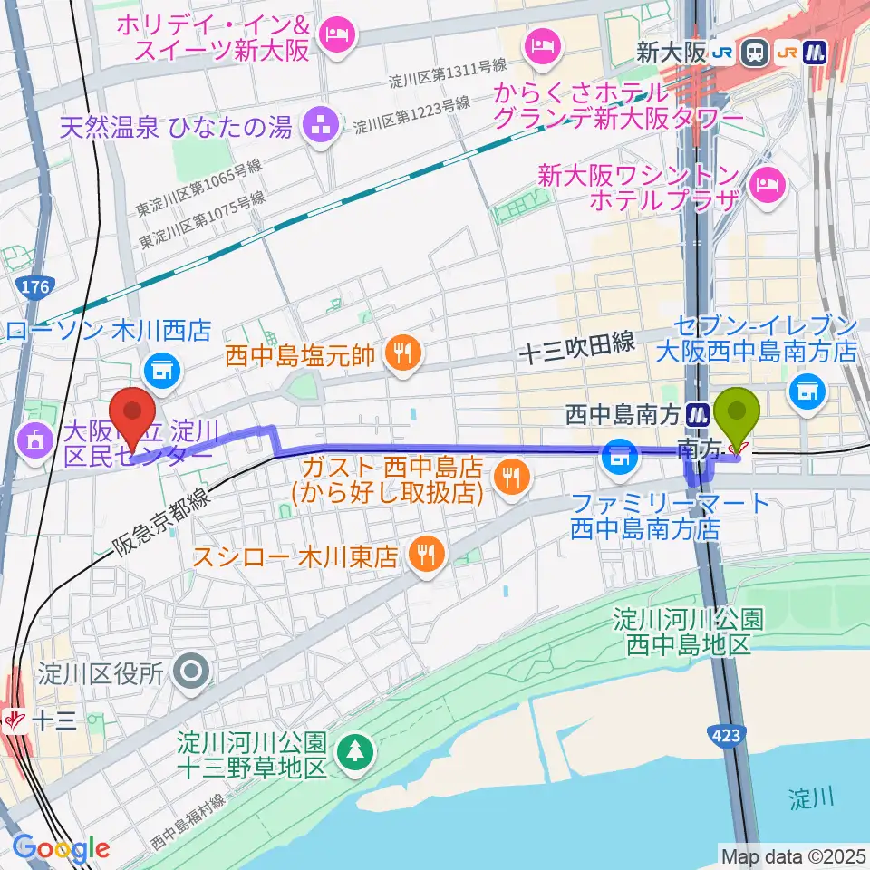 南方駅からLicca ピアノ教室へのルートマップ地図