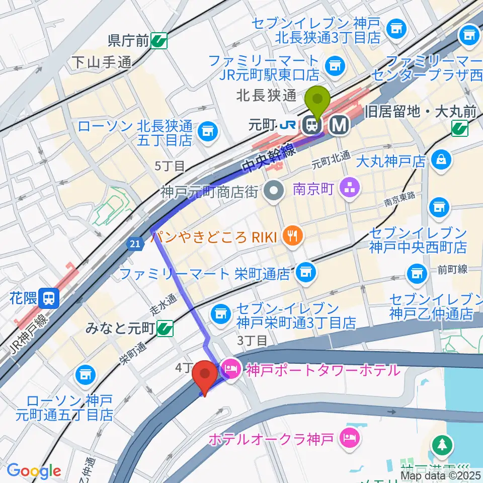 元町駅から神戸ハーバースタジオへのルートマップ地図