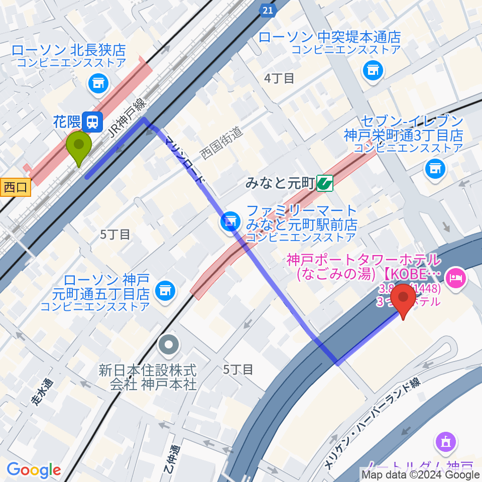 花隈駅から神戸ハーバースタジオへのルートマップ地図