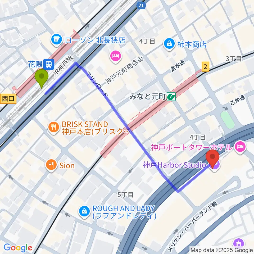 花隈駅から神戸ハーバースタジオへのルートマップ地図