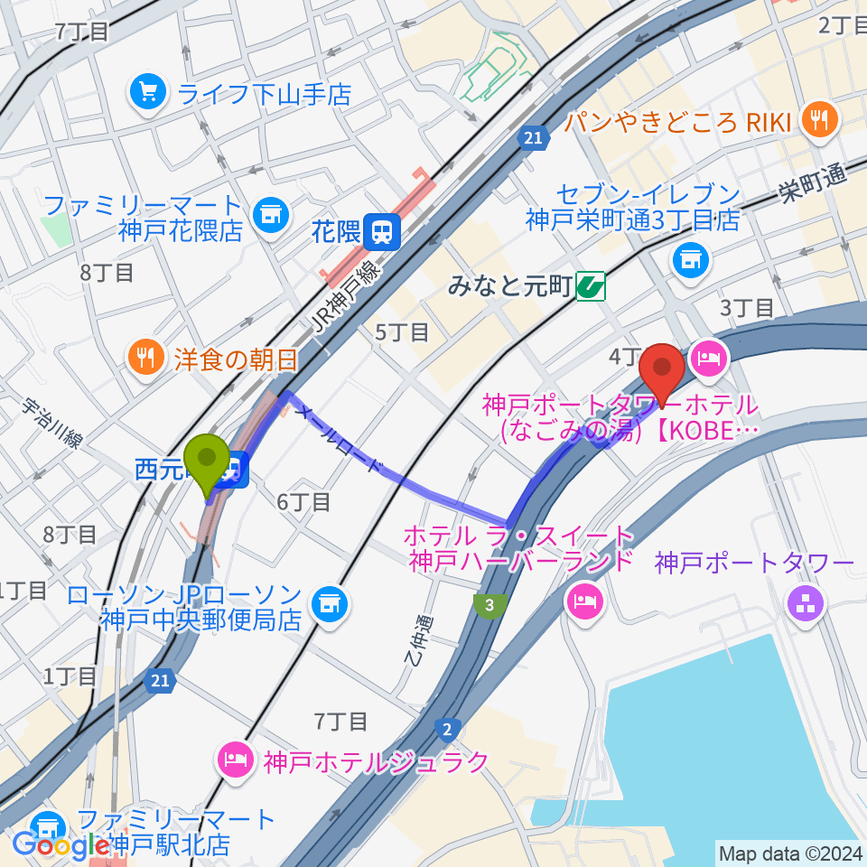 西元町駅から神戸ハーバースタジオへのルートマップ地図