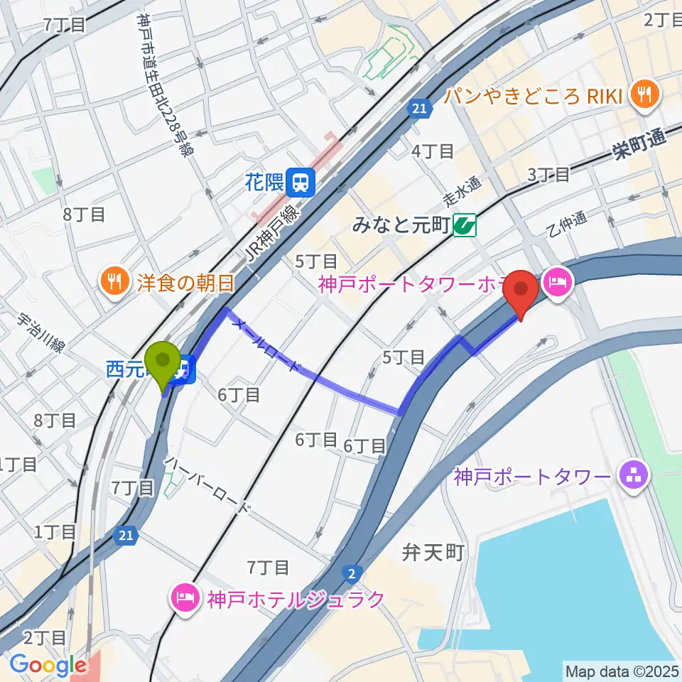 西元町駅から神戸ハーバースタジオへのルートマップ地図