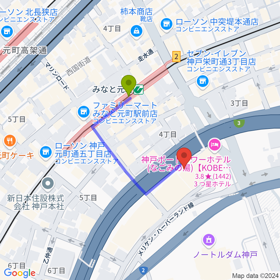 神戸ハーバースタジオの最寄駅みなと元町駅からの徒歩ルート（約3分）地図