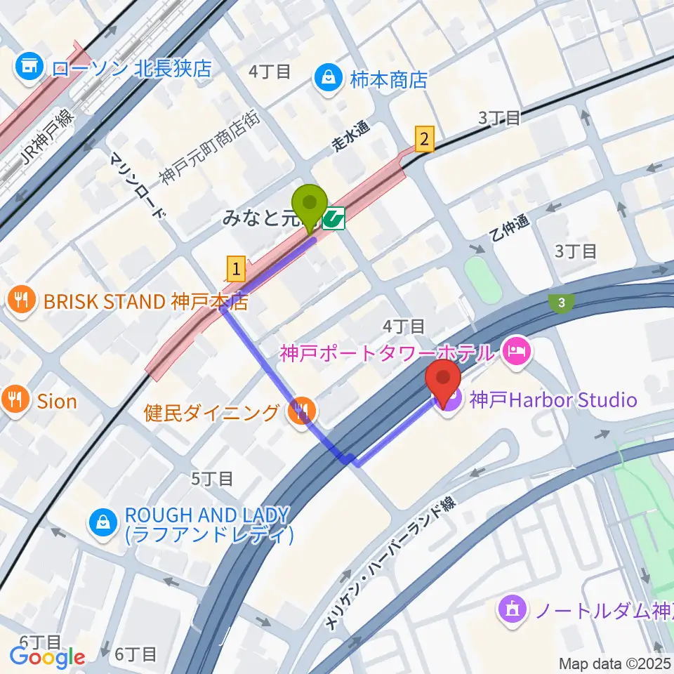 神戸ハーバースタジオの最寄駅みなと元町駅からの徒歩ルート（約3分）地図