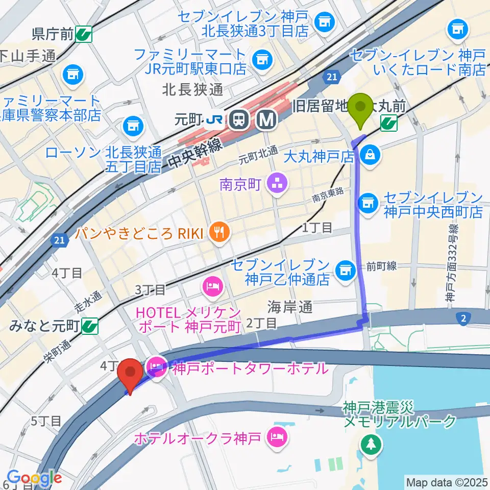 旧居留地・大丸前駅から神戸ハーバースタジオへのルートマップ地図
