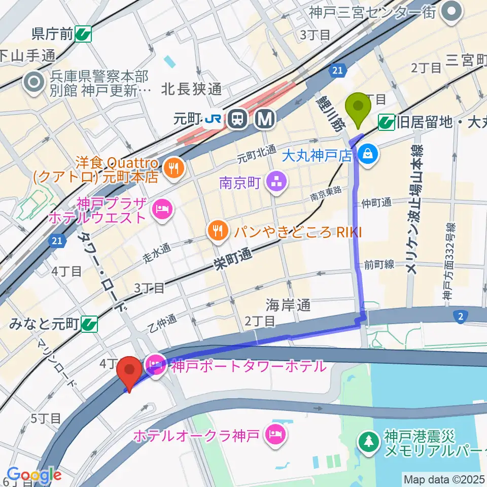 旧居留地・大丸前駅から神戸ハーバースタジオへのルートマップ地図