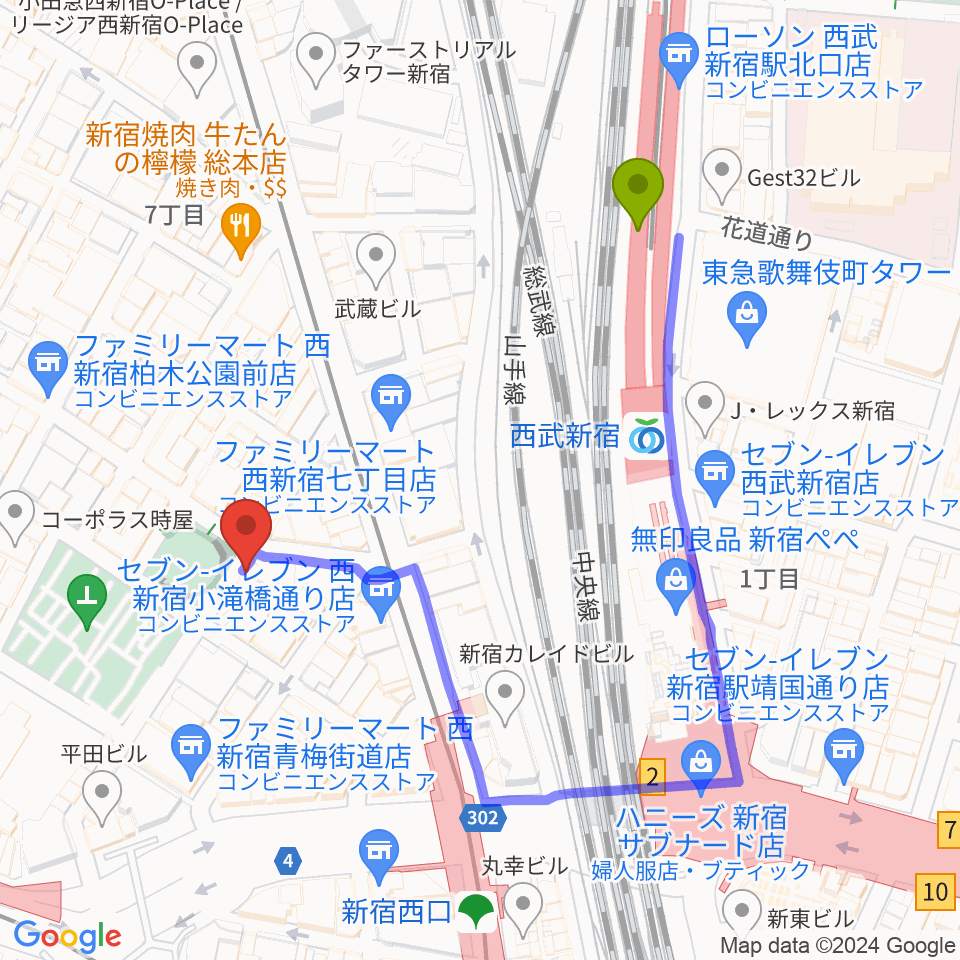 西武新宿駅から西新宿レゲエショップナットへのルートマップ地図