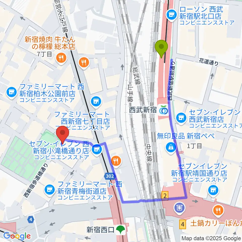 西武新宿駅から西新宿レゲエショップナットへのルートマップ地図