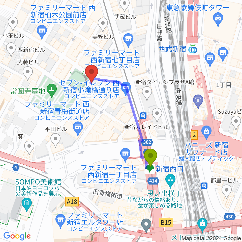 西新宿レゲエショップナットの最寄駅新宿西口駅からの徒歩ルート（約3分）地図