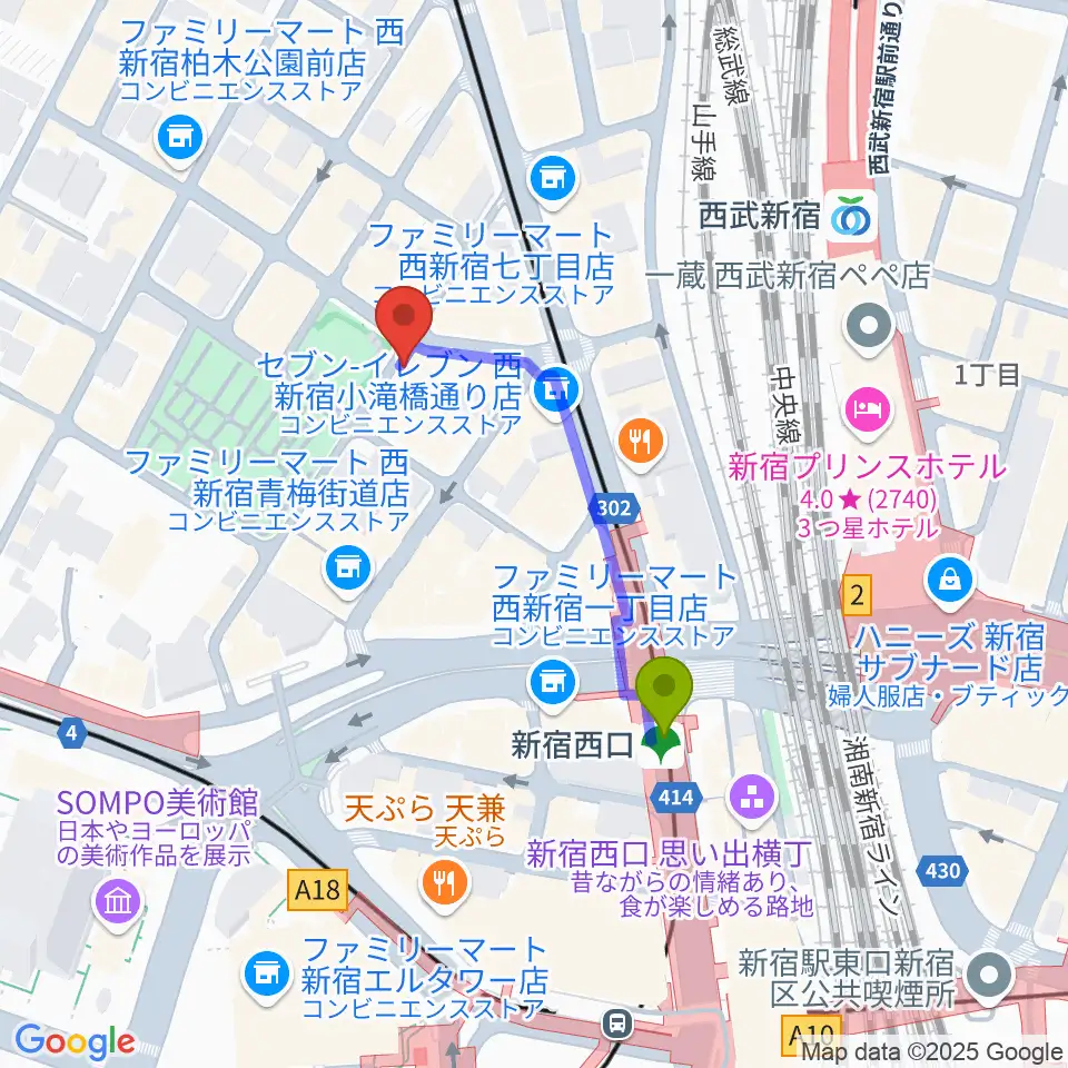 西新宿レゲエショップナットの最寄駅新宿西口駅からの徒歩ルート（約3分）地図